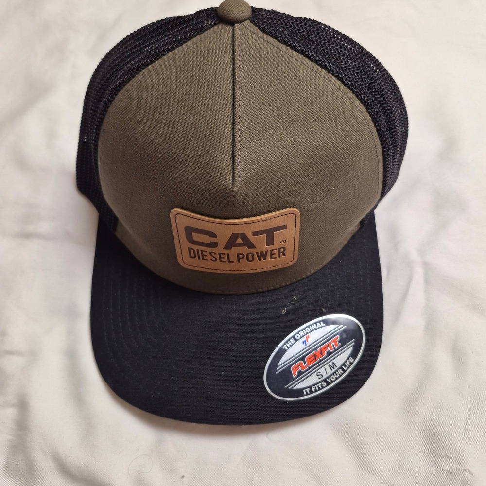 Caterpillar CAT Diesel Power Flexfit Trucker Hat Olive Green Black Mesh S/M